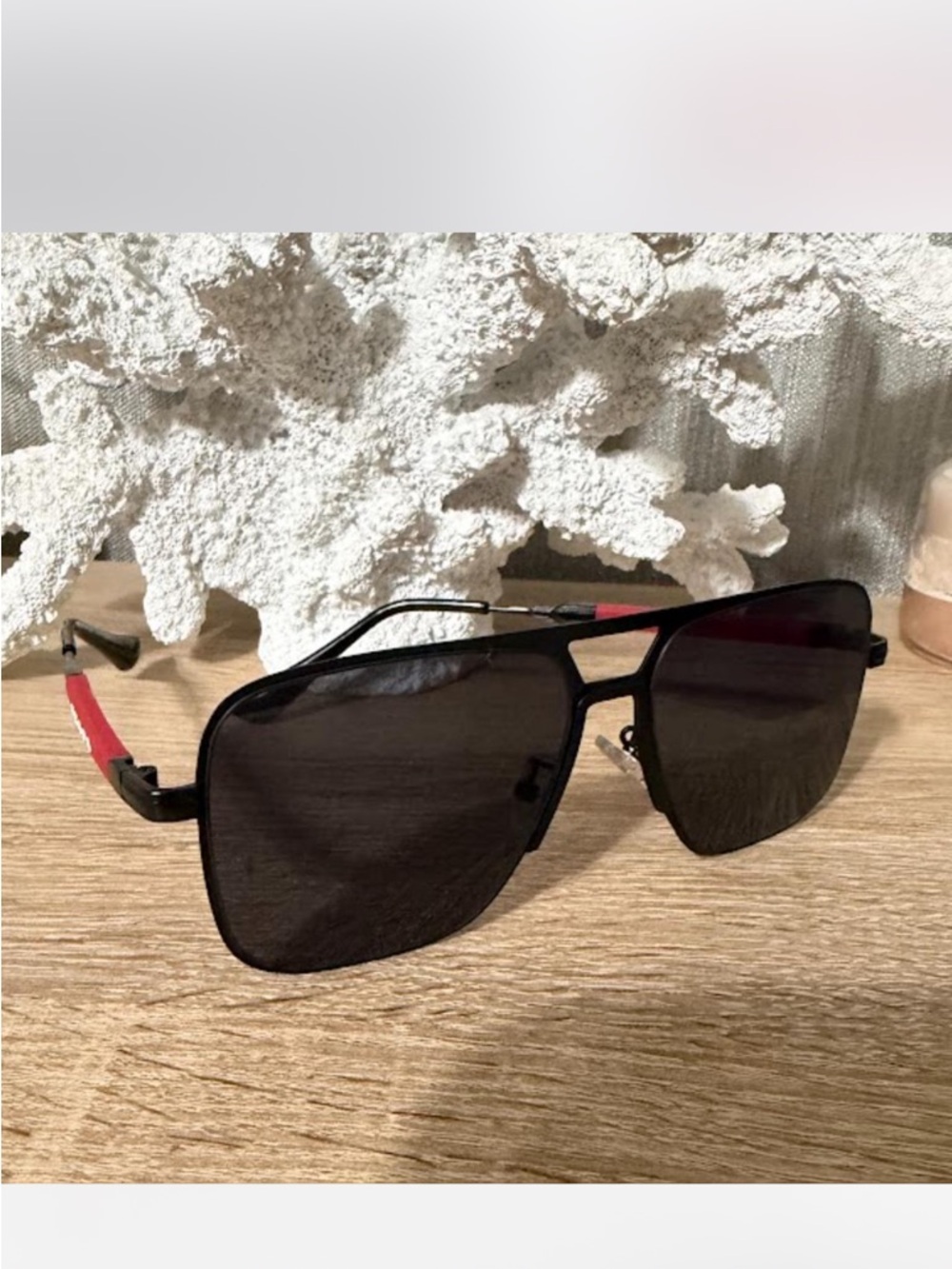Prada Black Aviator Sunglasses with Red Temple Tips
